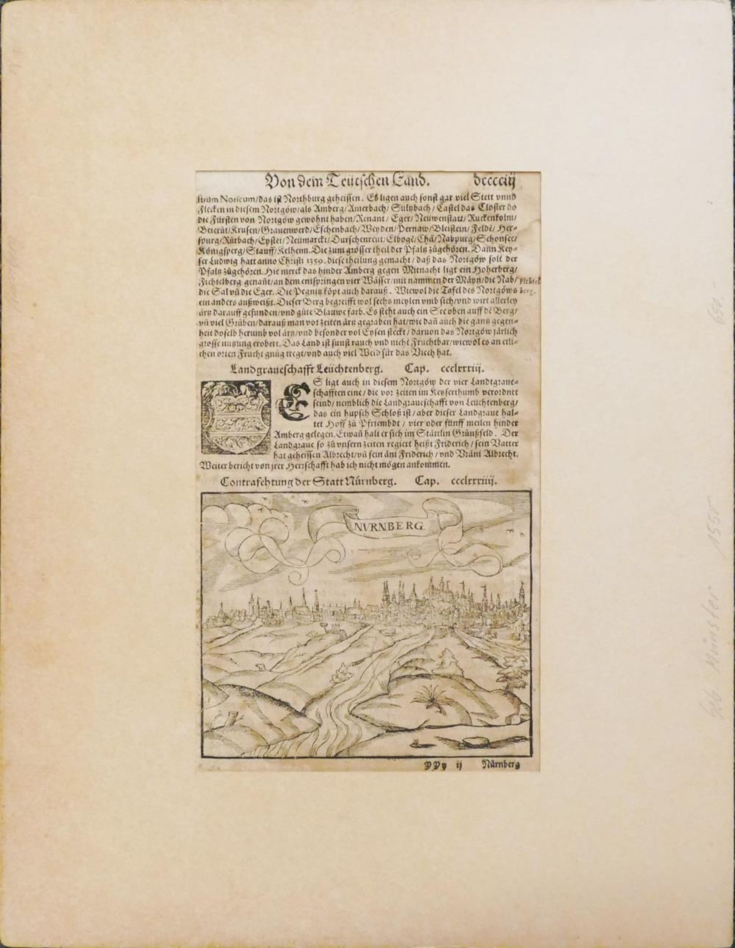 1 Holzschnitt/Buchseite wohl 16. Jh. "Ansicht von Nürnberg" aus: "Von dem Teutschen Land",