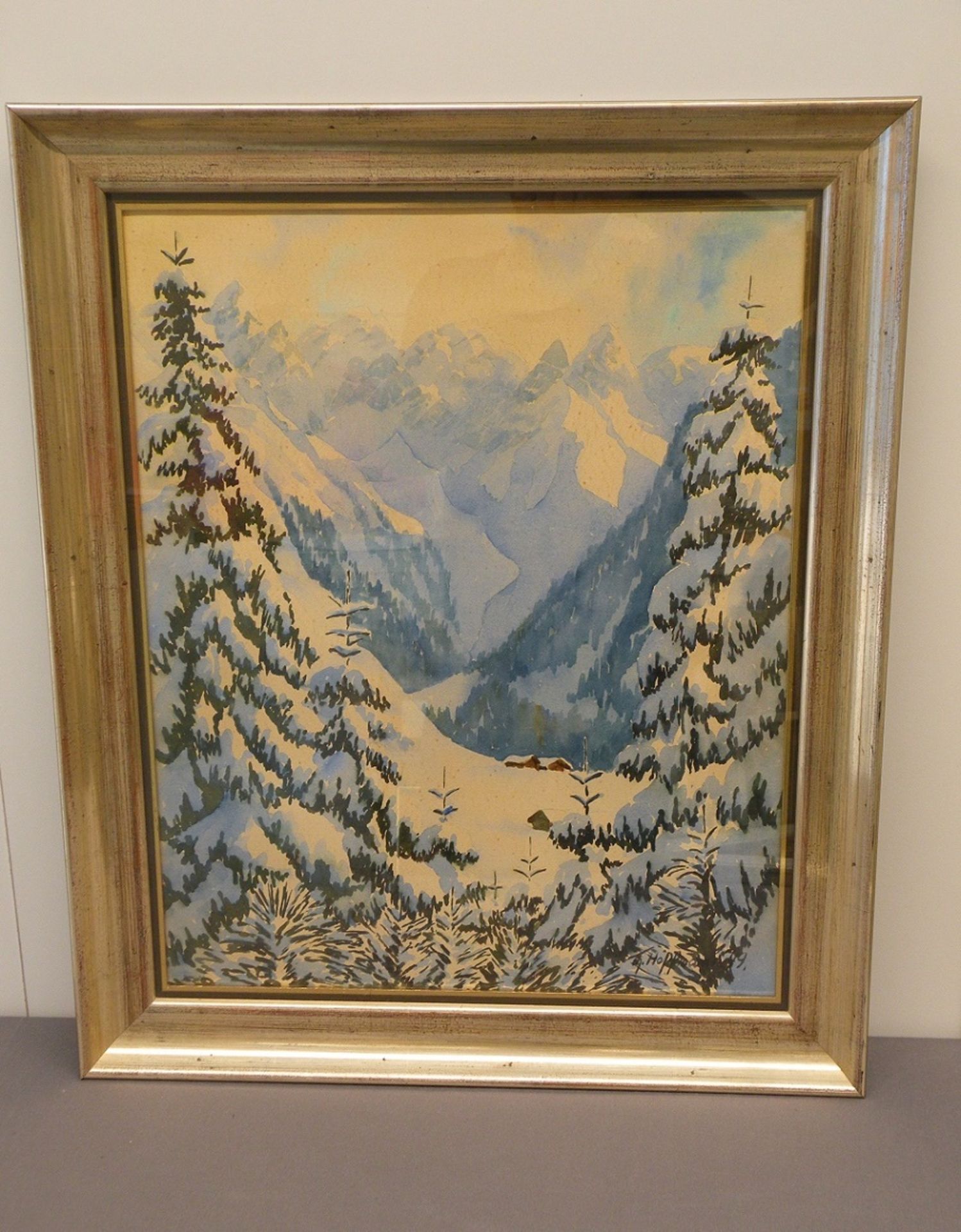 Th. Hopprou, Aquarell „Winter in den Alpen“