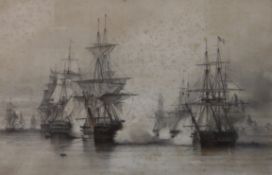 Kupferstich des 18. / 19. Jh., Darstellung einer Seeschlacht mit Segelschiffen vor einer Hafenstadt