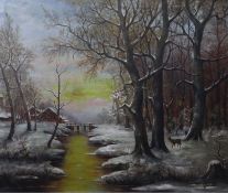 Hensel, Blick in eine verschneite Winterlandschaft mit Rehen