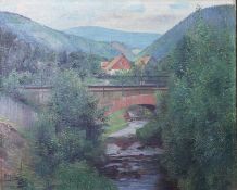M. Möller 1879- 1956, Blick über eine Brücke in Ilsenburg zum Ilsetal