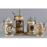 Four Historism beer mugs with pewter lids, early 20th cent, German