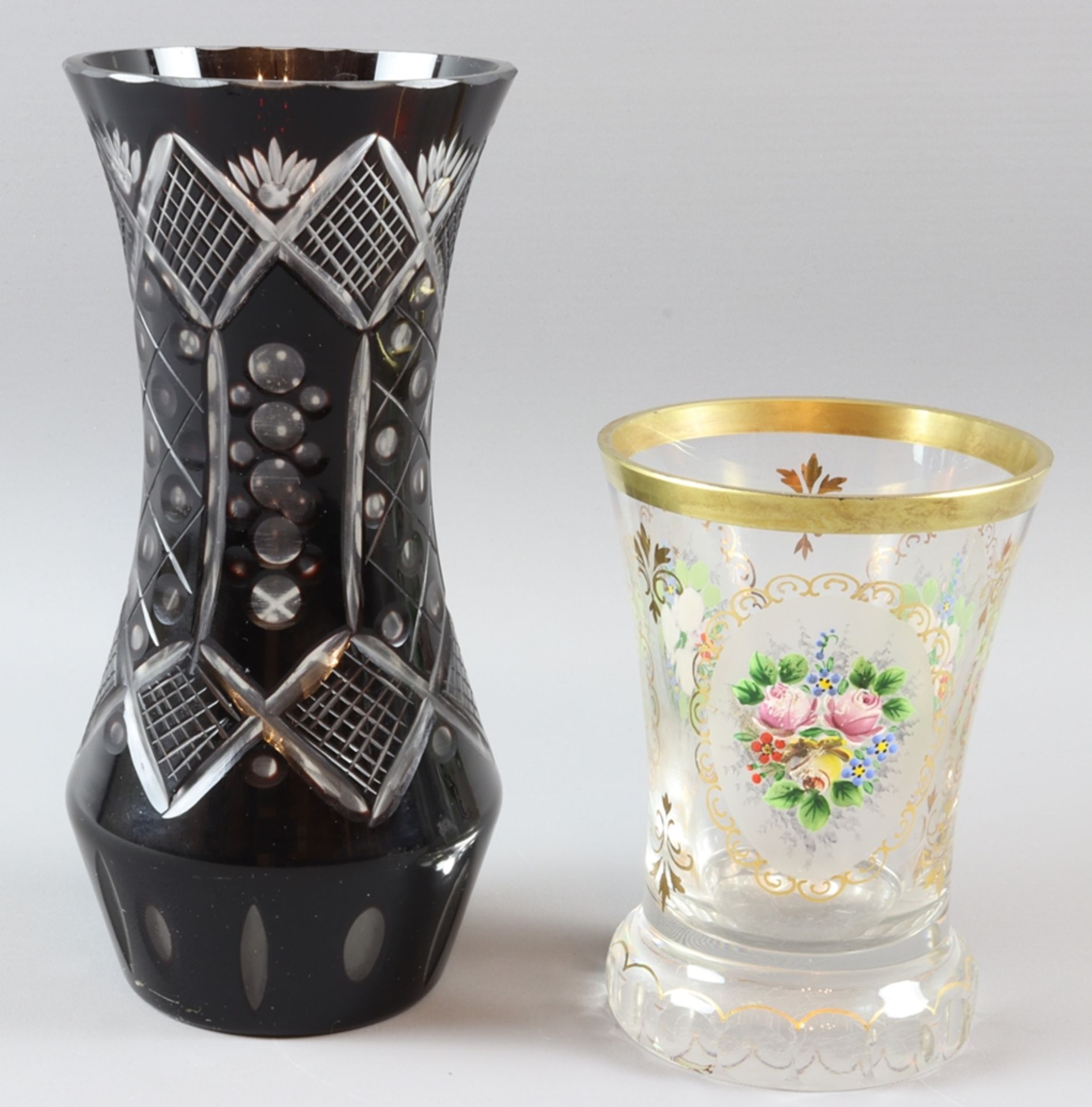 Lot of three different footed tumblers and vases, Bohemia circa 1900-1930, German - Image 3 of 3