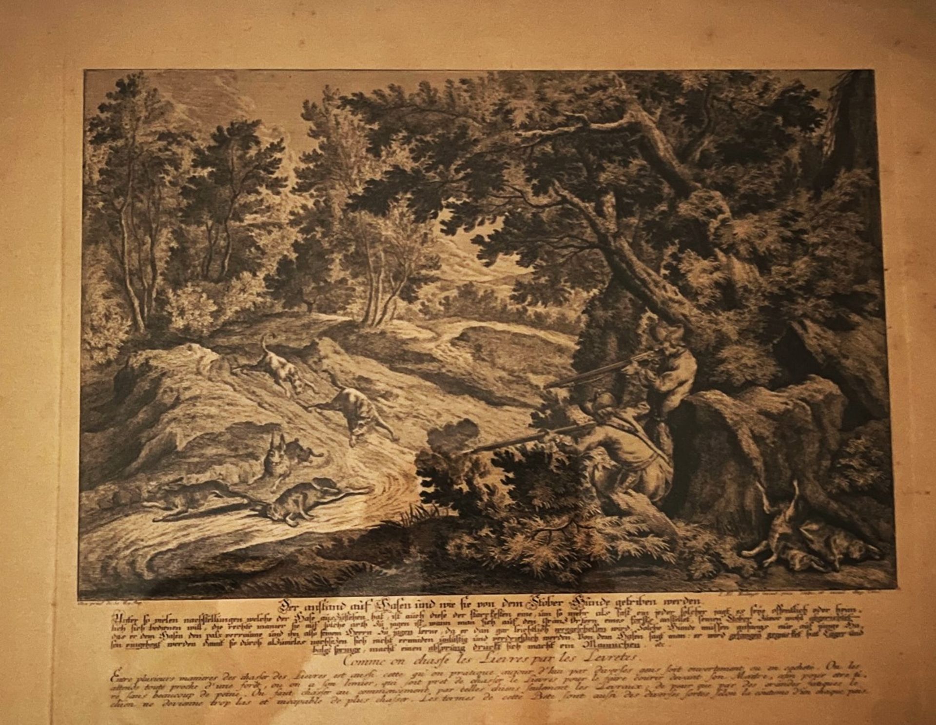 Copper engraving, Ridinger hunting scene, 18th century, German