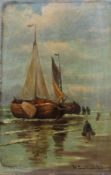 H. v. Bartelt 1856-1930, Holländermotiv, Segelschiffe am Ufer