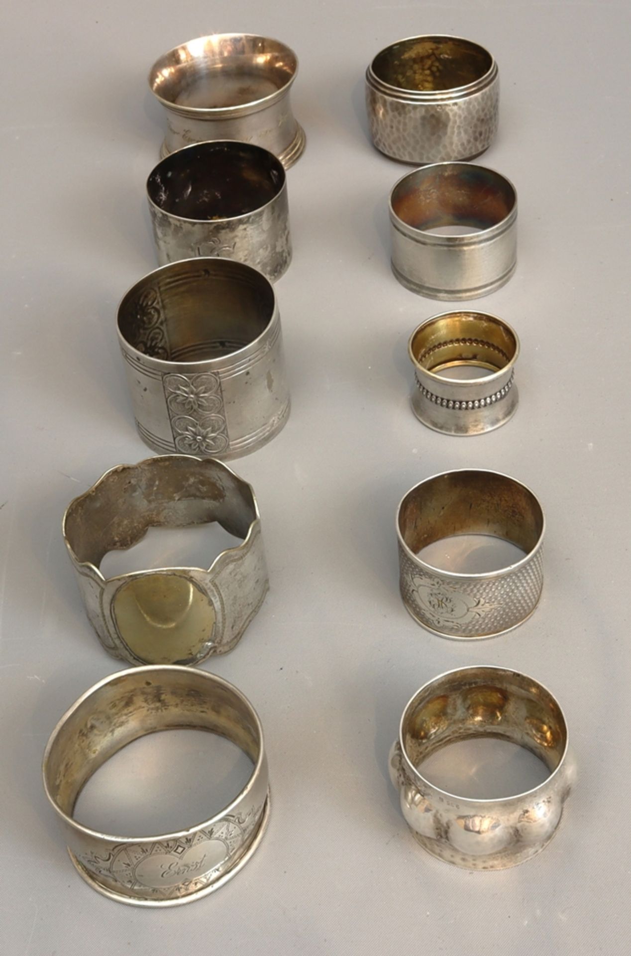 10 napkin rings of various types, Historicism to the 1930s, German