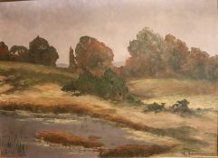 Unbekannter Künstler, Herbstliche Landschaft mit Teich