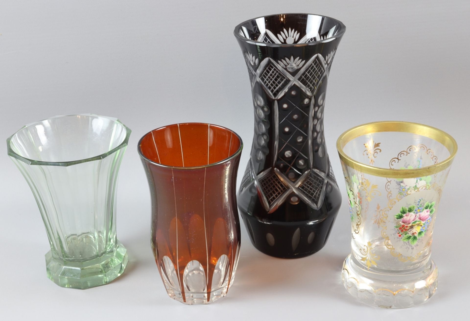 Lot of three different footed tumblers and vases, Bohemia circa 1900-1930, German
