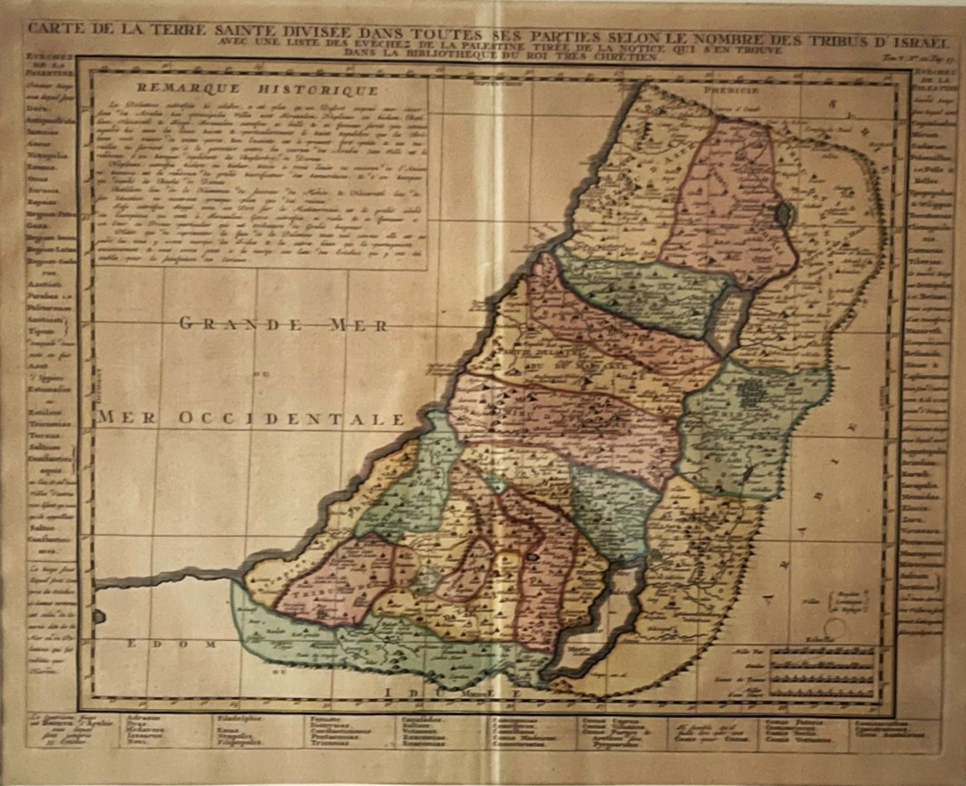 Coloured copper engraving, Large and decorative map of the Holy Land by Chatelain, 18th century, Fr