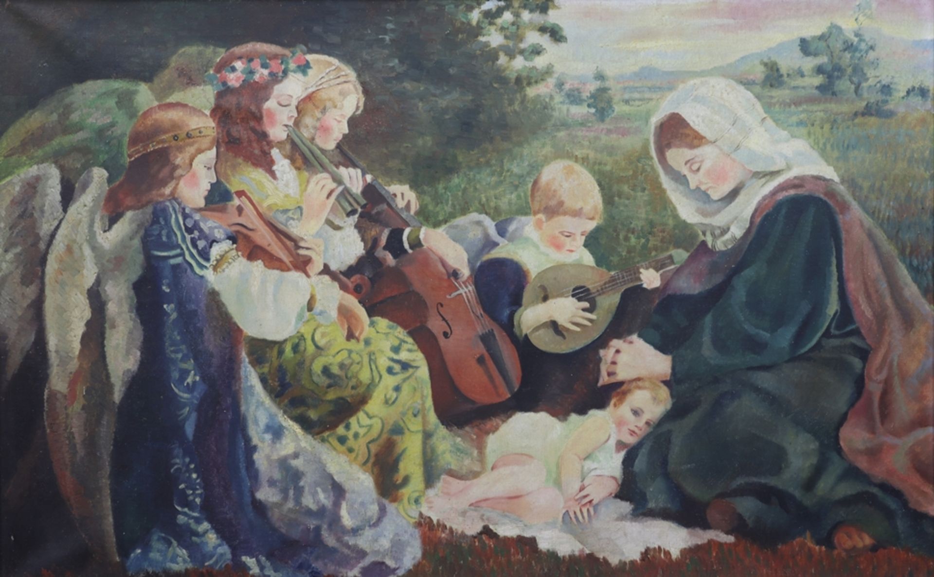 Unknown artist of the 20th century, angels playing music with the infant Jesus