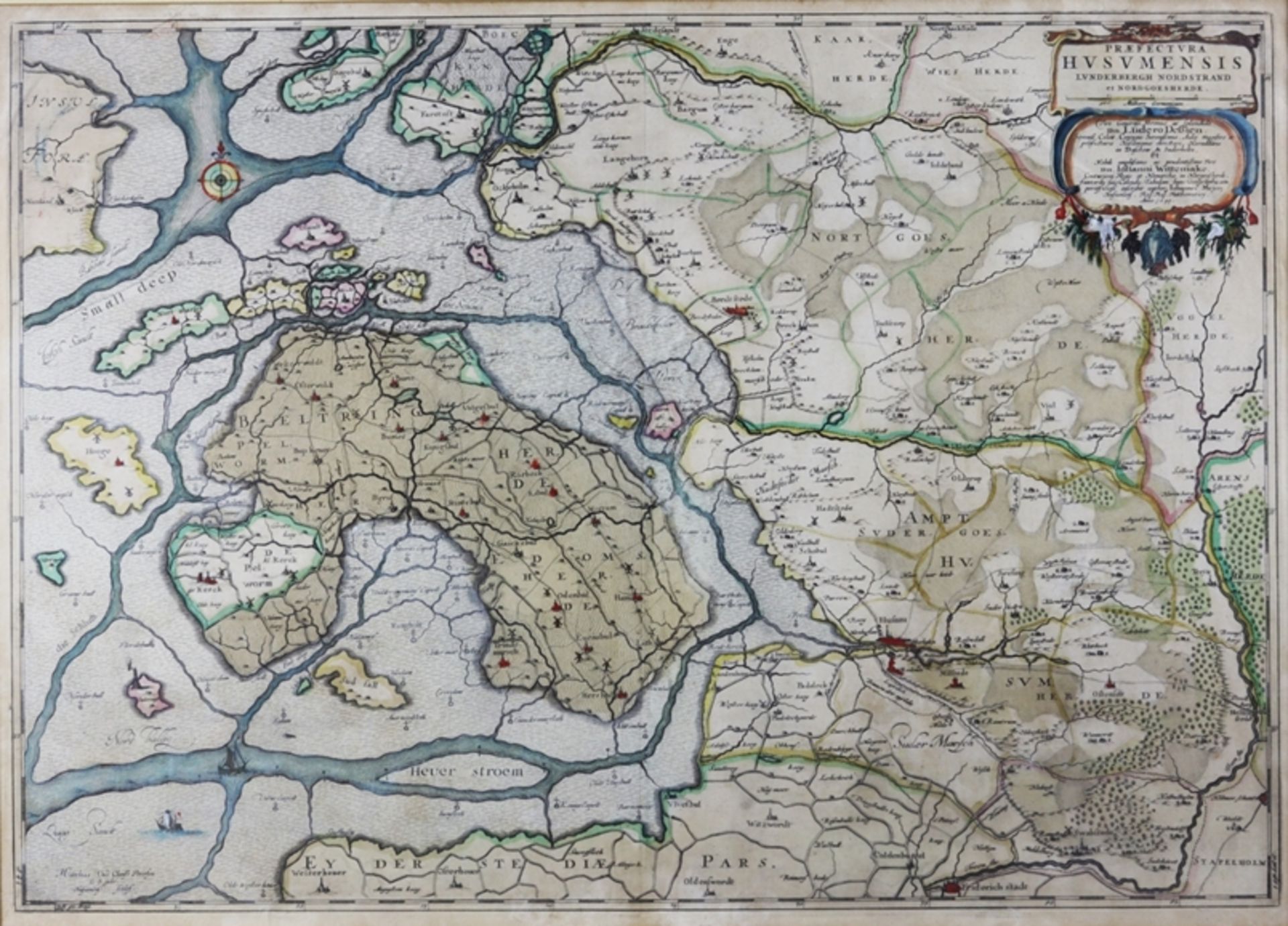 Coloured copper engraving c. 1670, map of North Frisia