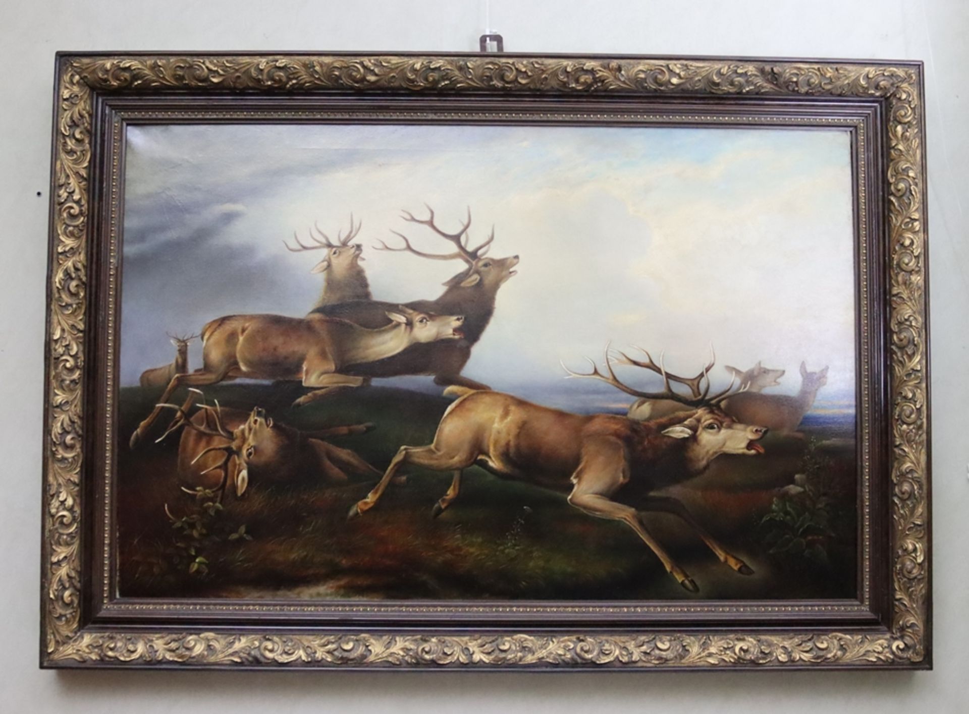 Unknown artist of the Biedermeier period c. 1820, Fleeing stags - Image 2 of 3