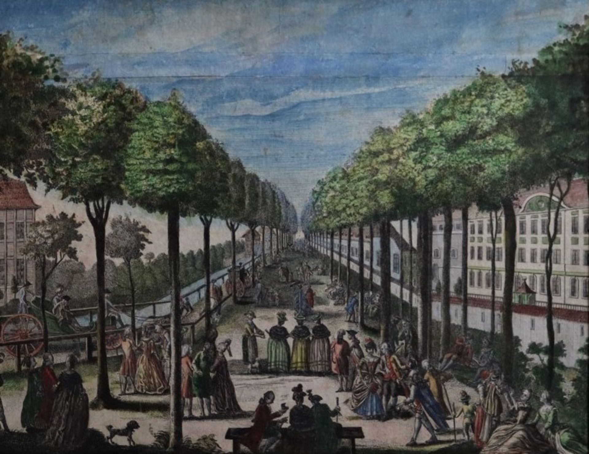 Coloured copper engraving of the 18th century, street view of Leipzig