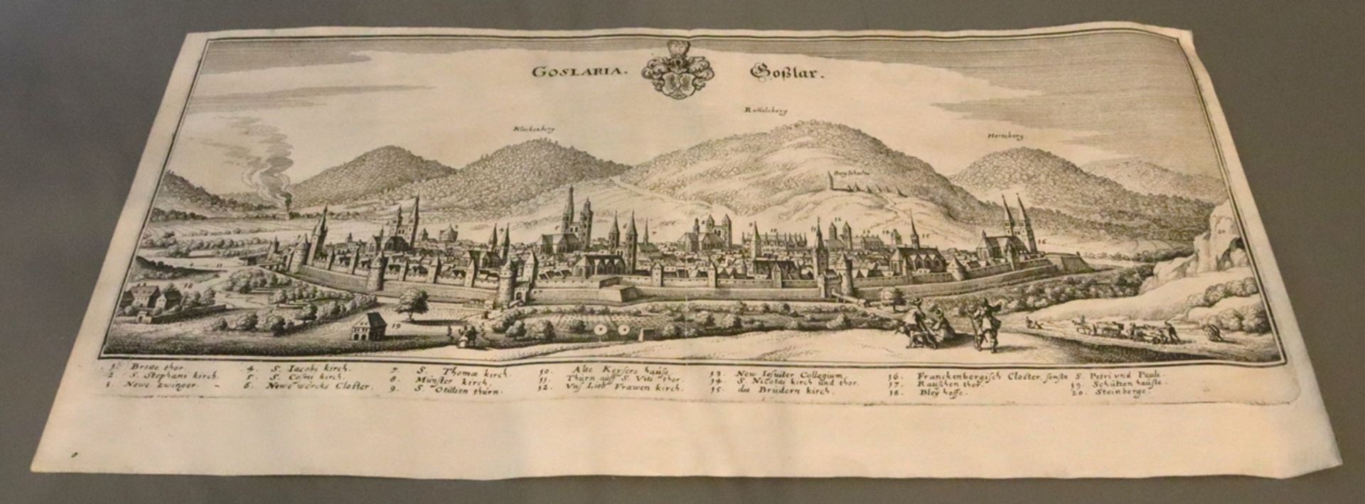 Copper engraving, city view of Goslar by Merian, 17th c., German