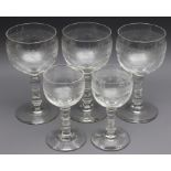 Three wine glasses and two liqueur glasses Historicism circa 1900, German