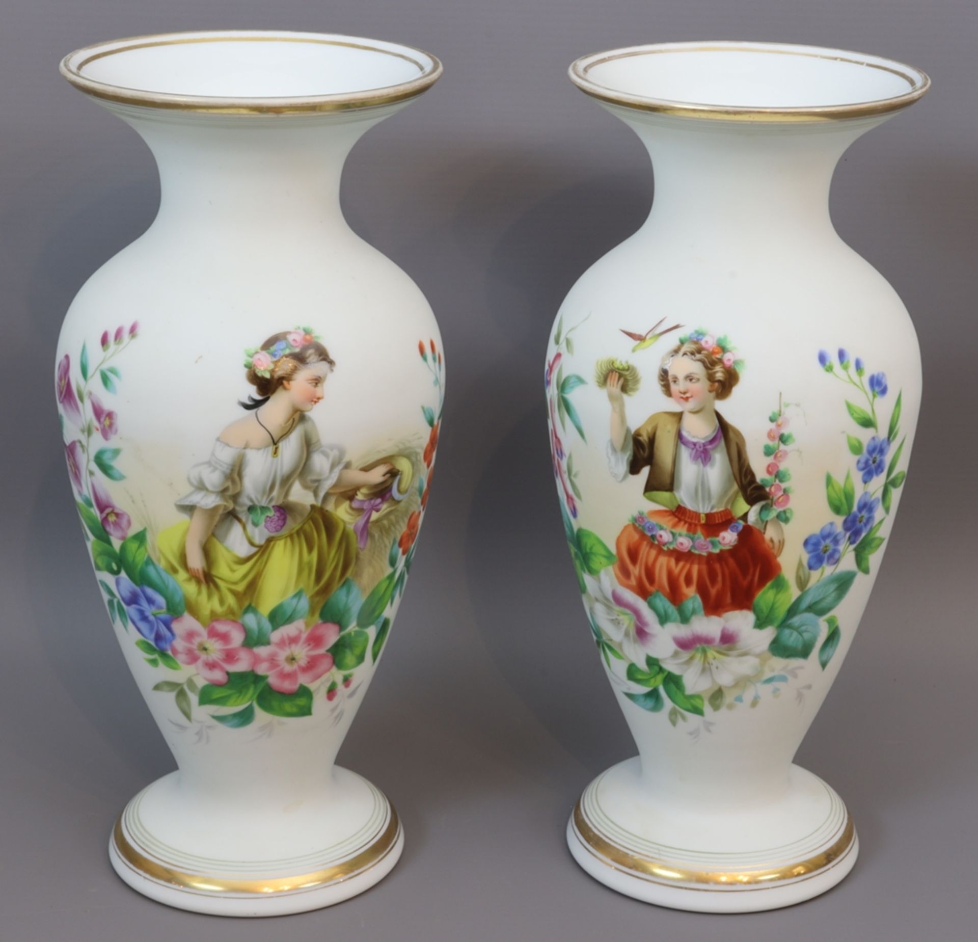 Pair of milk glass Biedermeier vases, Bohemia first half of the 19th century.