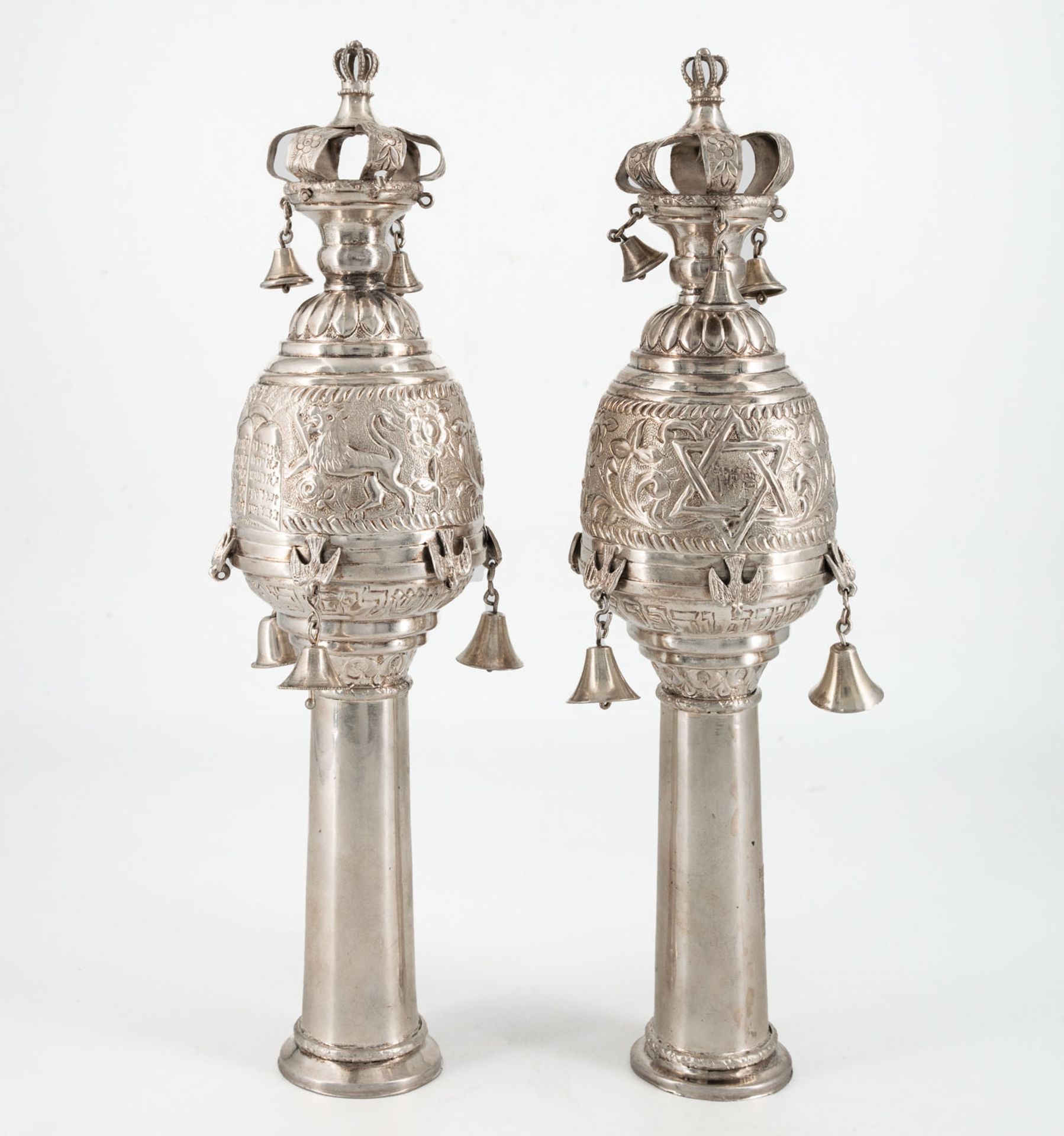 A Pair of Sterling Silver Torah Finals, Probably USA, 20th Century