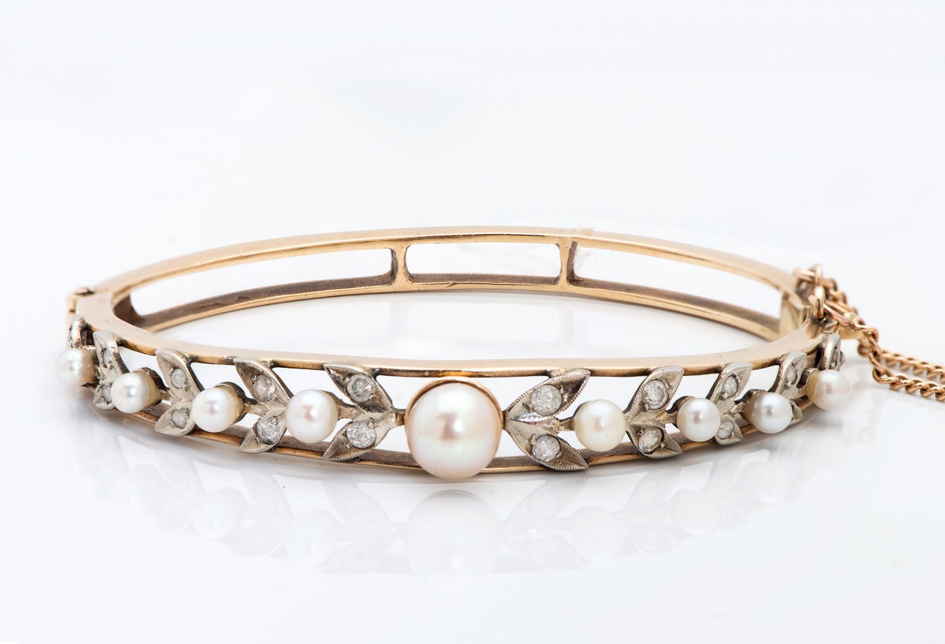 A Victorian 15K Two Tone Gold Pearls and Diamond Bangle - Image 2 of 2