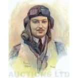 A4 Illustrated Portrait Print of John Freeborn in Flying Gear by David Pritchard, Hand-signed by Joh