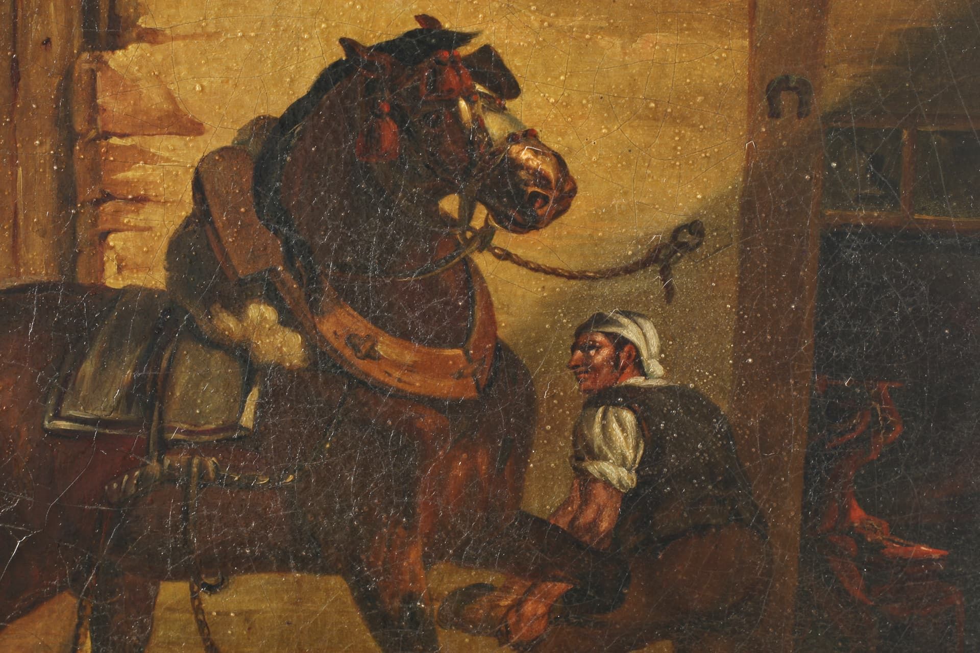 Unidentifizierter Künstler, Ölgemälde Pferd beim Hufschmied, unbekannt - Bild 7 aus 11
