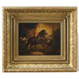 Unidentifizierter Künstler, Ölgemälde Pferd beim Hufschmied, unbekannt