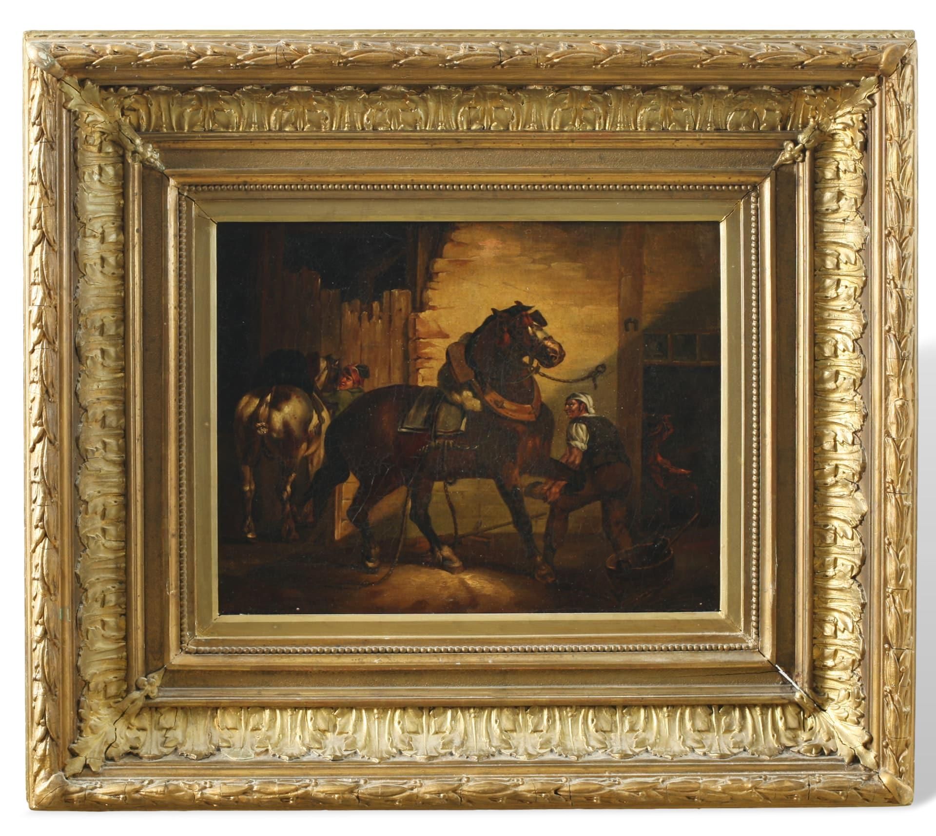 Unidentifizierter Künstler, Ölgemälde Pferd beim Hufschmied, unbekannt
