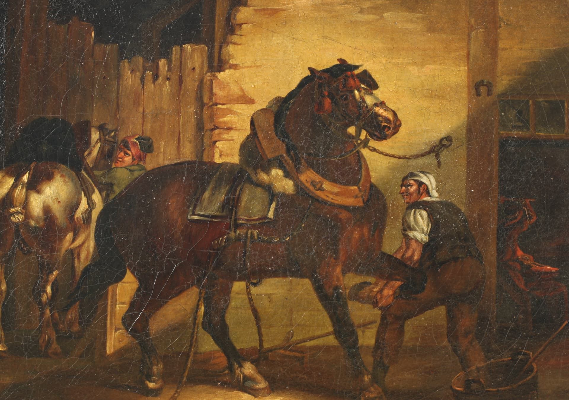 Unidentifizierter Künstler, Ölgemälde Pferd beim Hufschmied, unbekannt - Bild 6 aus 11