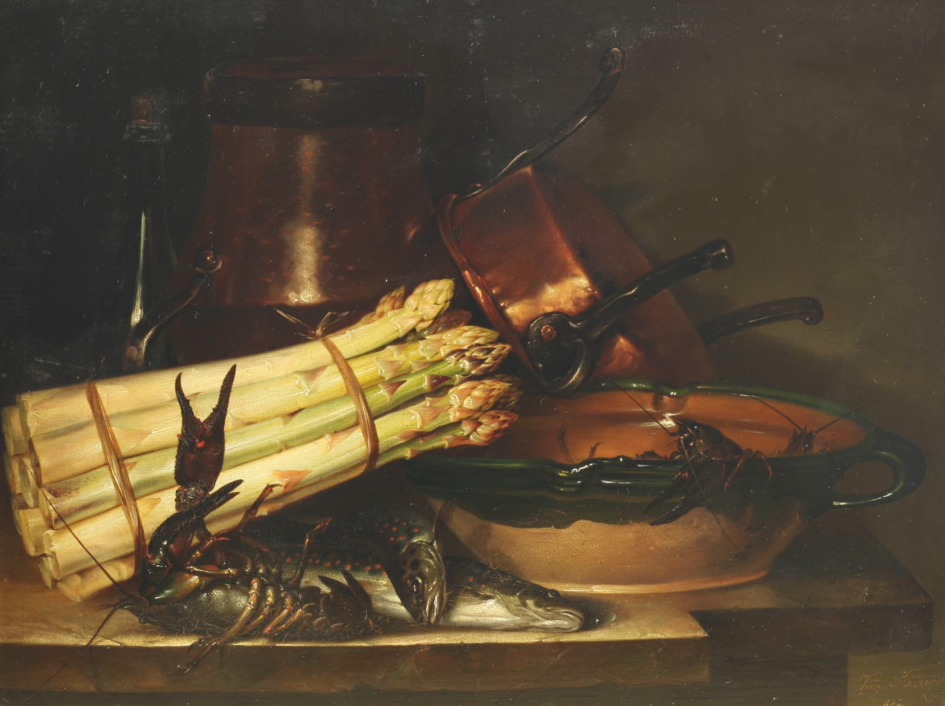 Kreuzer, Vinzenz (1809-1888), Ölgemälde Stillleben mit Langusten, Fischen und Spargel - Bild 4 aus 9