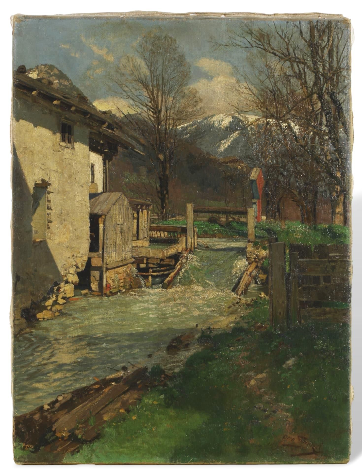 Strützel, Otto (1855-1930), Ölgemälde Landschaft mit Wassermühle