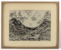 Unidentifizierter Künstler, Expressionist, Tusche Malerei Dorf Berge See Landschaft, unbekannt