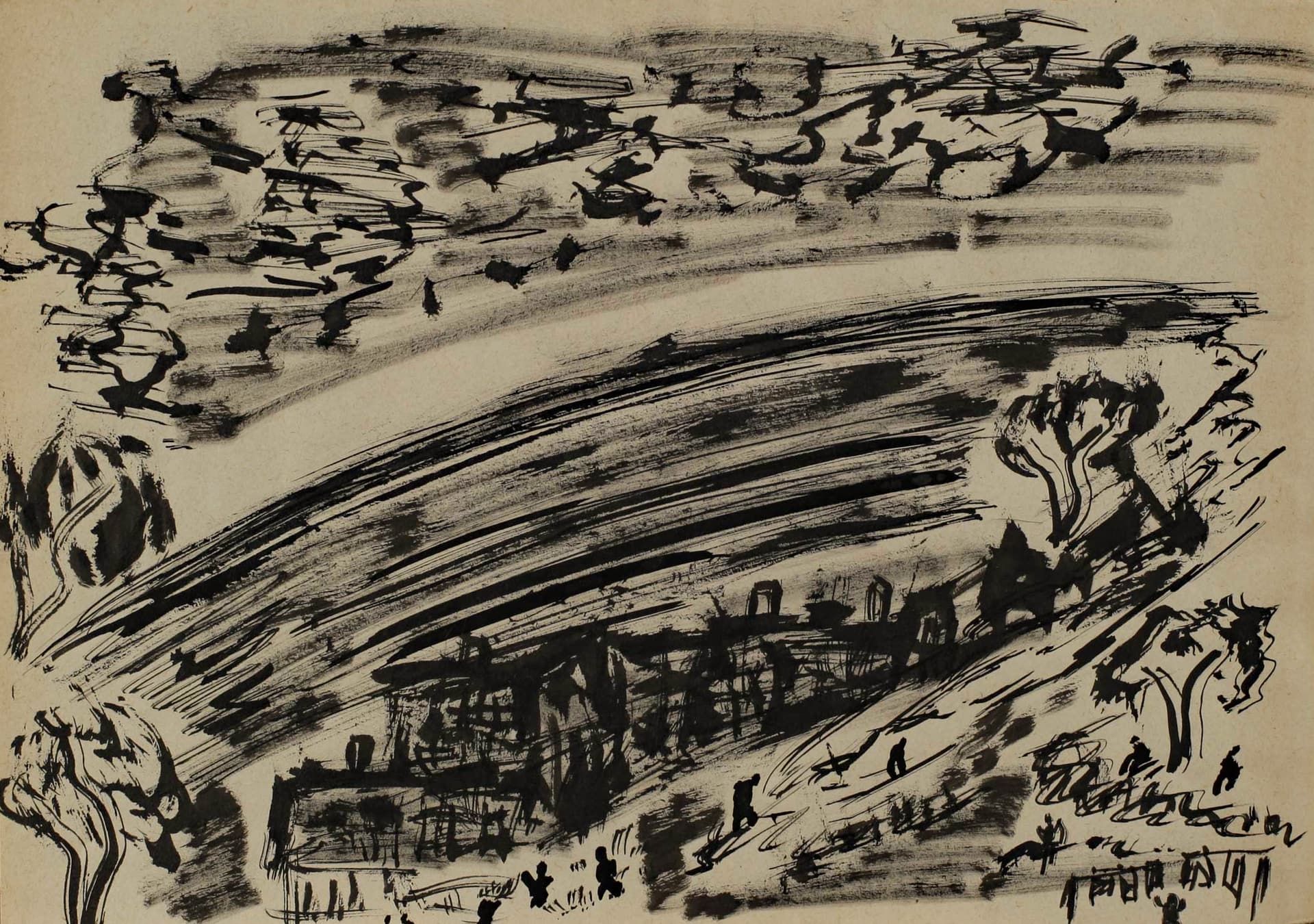 Tusche Method Unidentifizierter Künstler, Expressionist, Tusche Malerei Landschaft ...