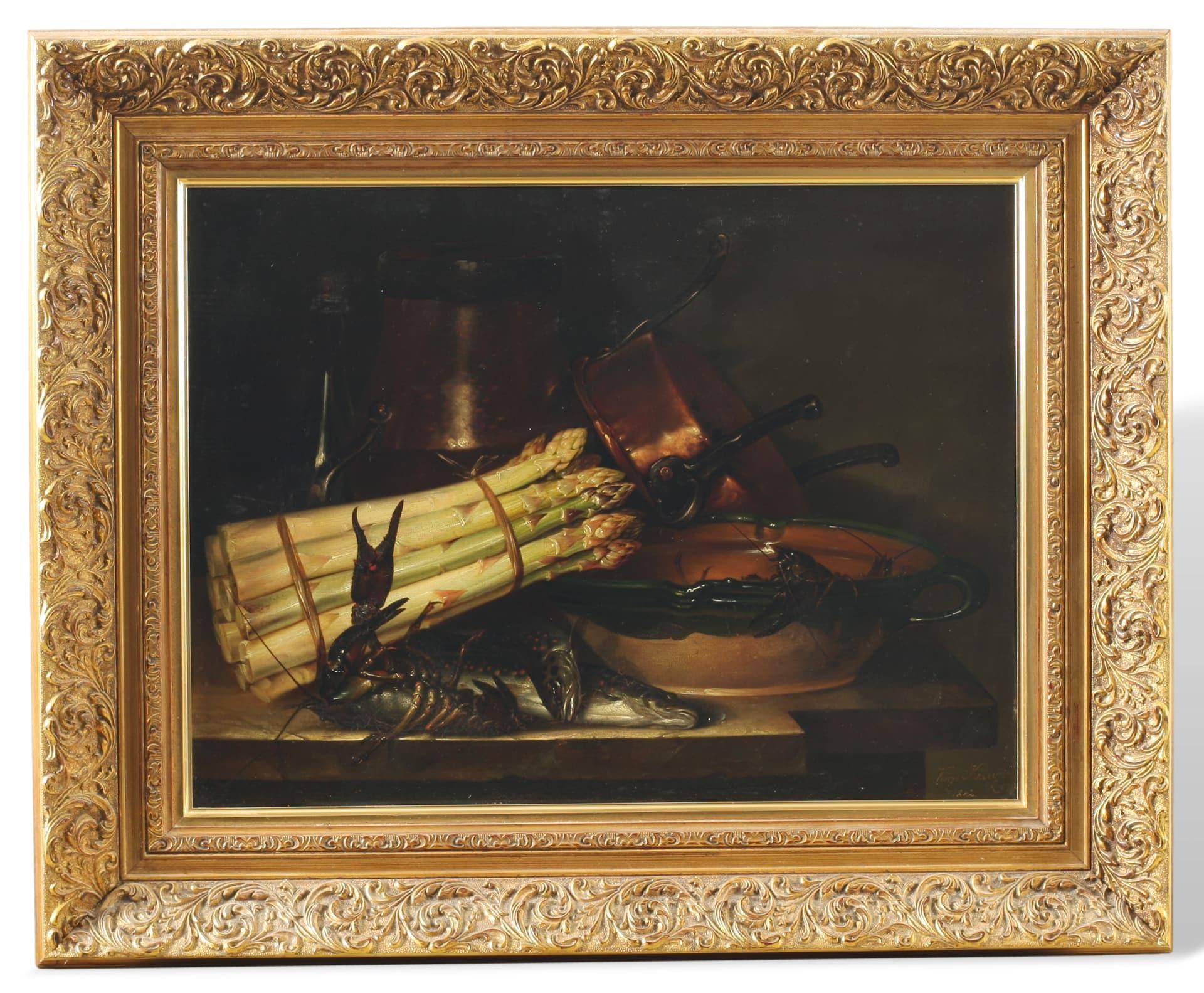 Kreuzer, Vinzenz (1809-1888), Ölgemälde Stillleben mit Langusten, Fischen und Spargel - Bild 2 aus 9