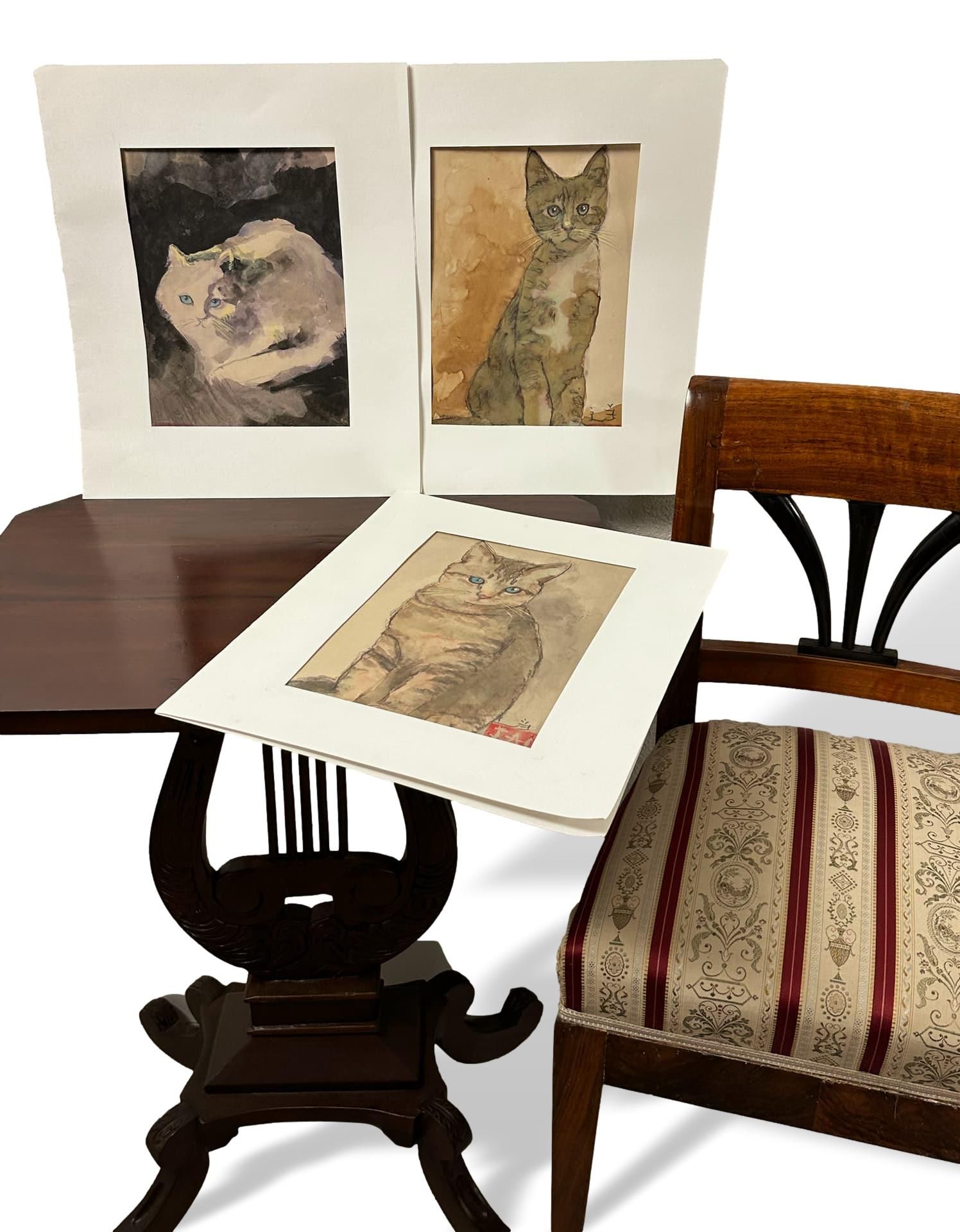 Unleserlich signiert, 3 Aquarelle Katze - Bild 3 aus 9