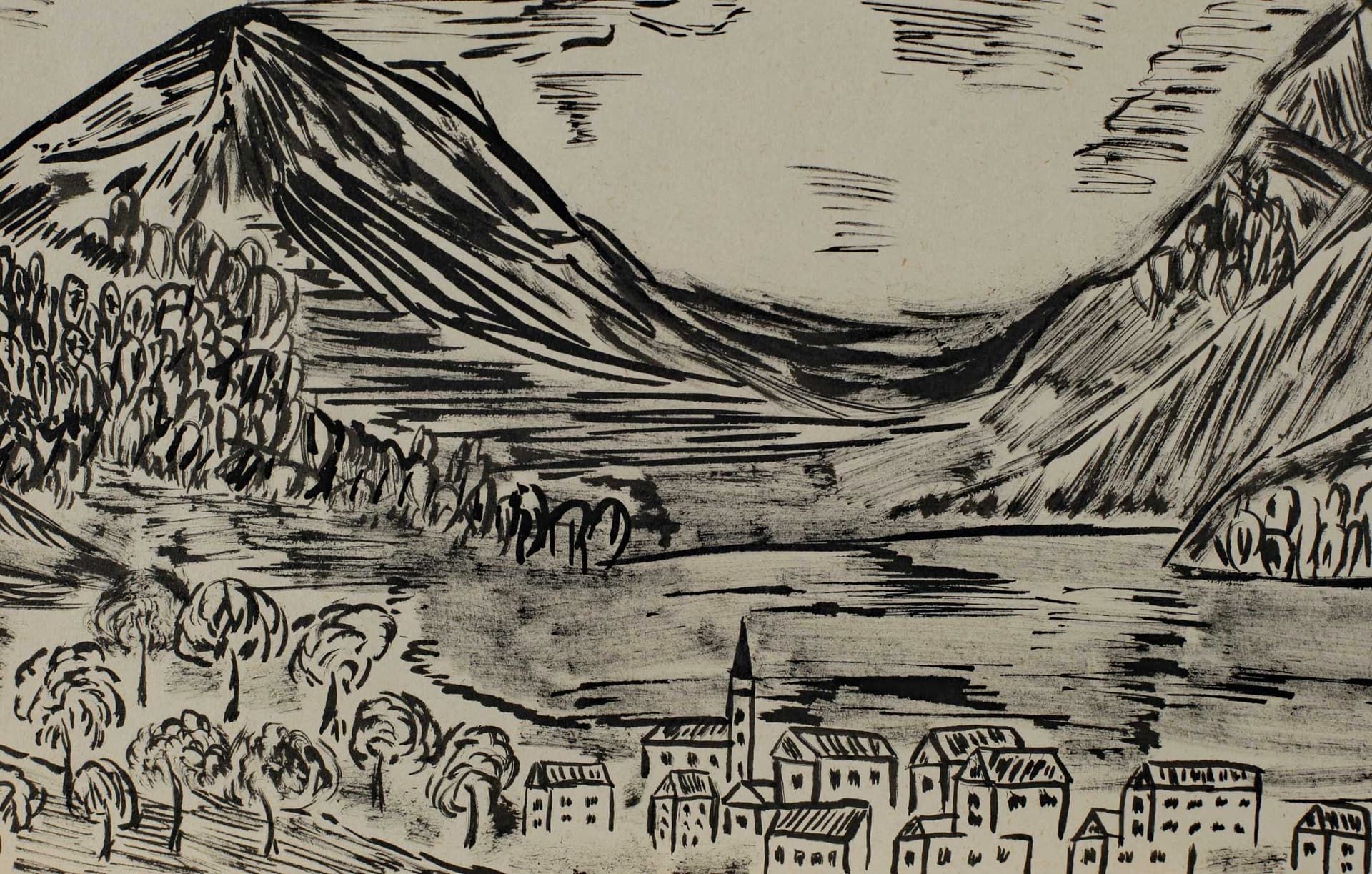 Unidentifizierter Künstler, Expressionist, Tusche Malerei Dorf Berge See Landschaft, unbekannt - Bild 5 aus 7