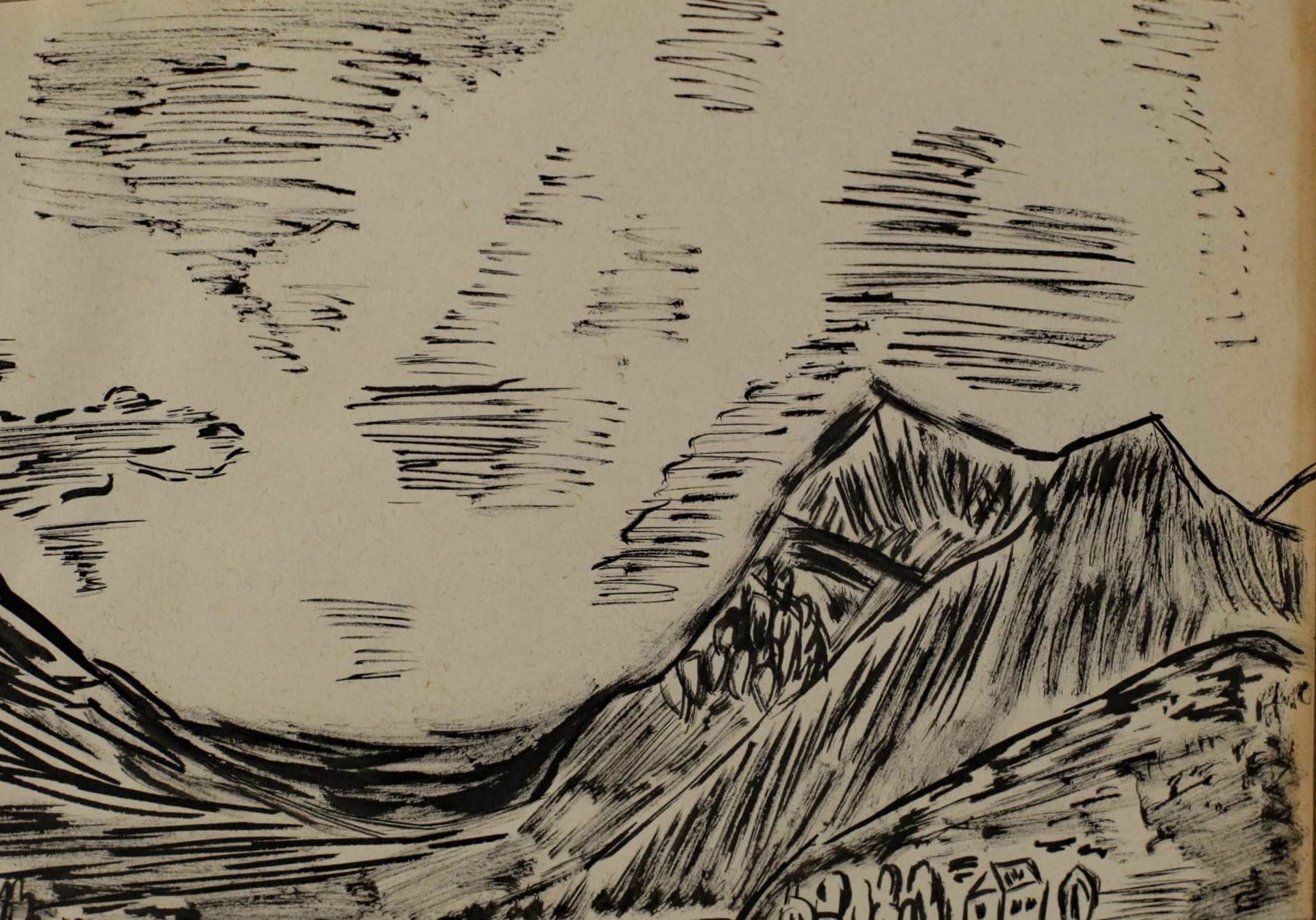 Unidentifizierter Künstler, Expressionist, Tusche Malerei Dorf Berge See Landschaft, unbekannt - Bild 6 aus 7