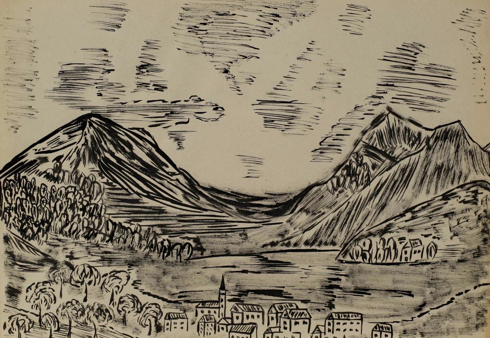 Unidentifizierter Künstler, Expressionist, Tusche Malerei Dorf Berge See Landschaft, unbekannt - Bild 4 aus 7