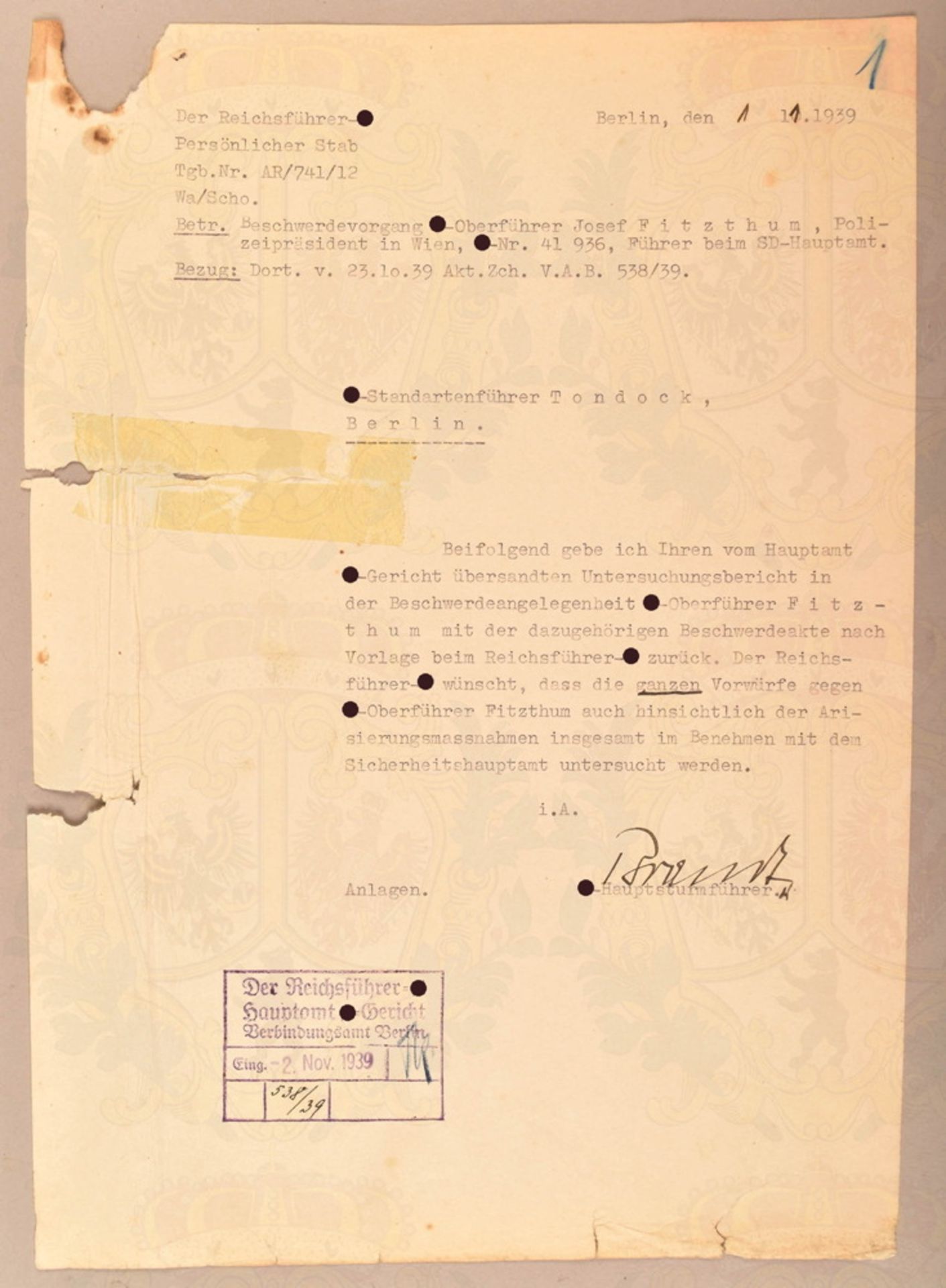 Autograph of SS-Standartenführer Rudolf Brandt of 1939