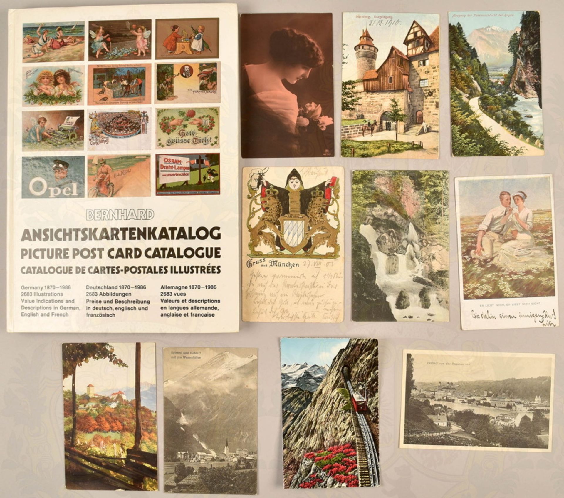 Bernhard postcard catalogue and 45 postcards