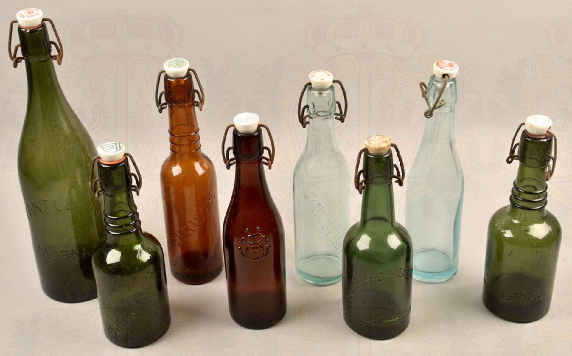 8 German glass bottles with porcelain caps 1920s-1950s