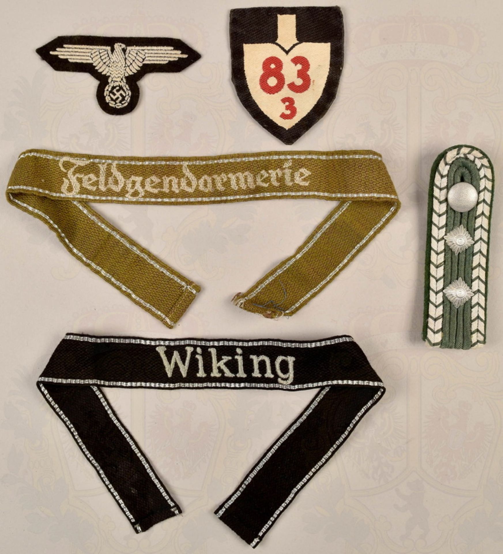 5 Wehrmacht uniform insignias incl. 2 cuff titles - Image 2 of 3