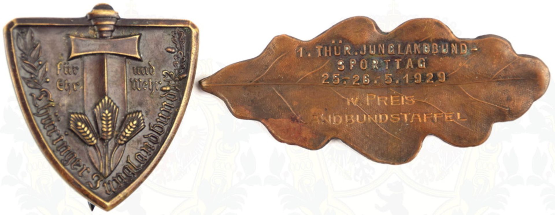 2 ABZEICHEN THÜRINGER JUNGLANDBUND Mitgliedsabzeichen, um 1930, Bronze, dunkel patiniert, flache