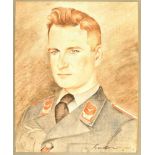 Aquarellportrait Leutnant Flakartillerie, Brustport. in Uniform m. Band z. EK II 1939, sign., „Godow
