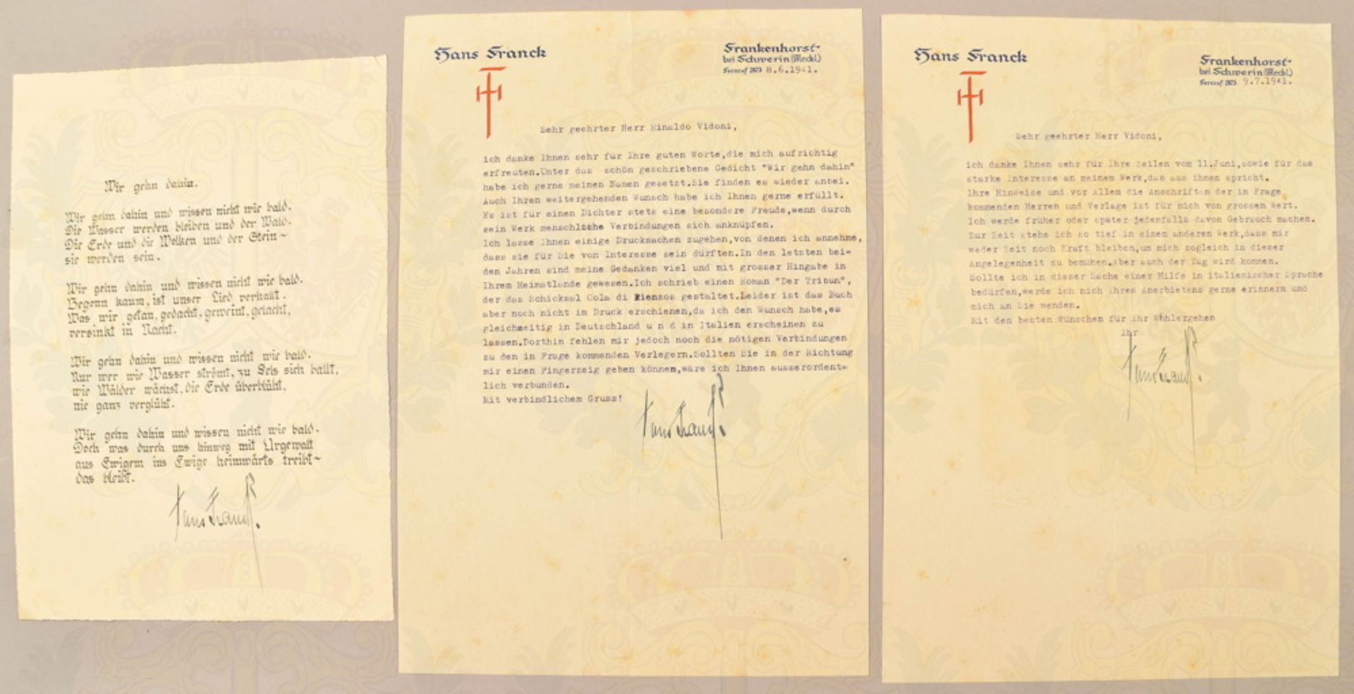 3 Autographs of German author Hans Franck 1941