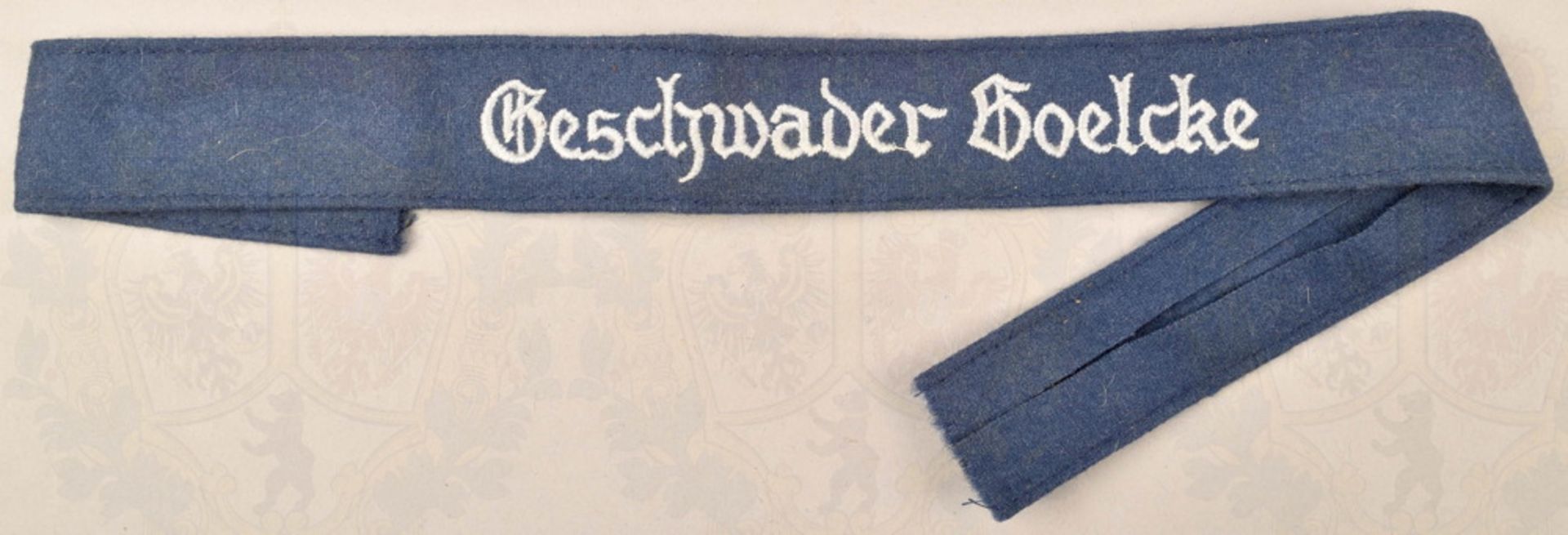 Ärmelband "Geschwader Boelcke", Sammleranfertigung/Replik, blaues Tuch, silbergrau gestickter