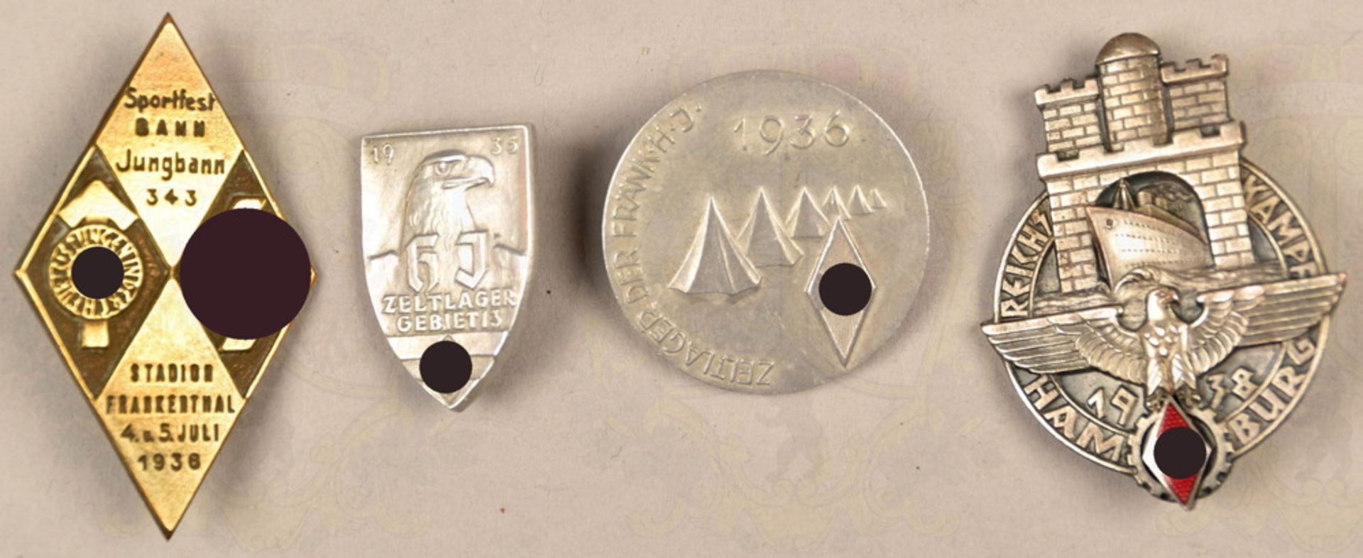 4 Hitler Youth meeting badges/tinnies 1935-1938