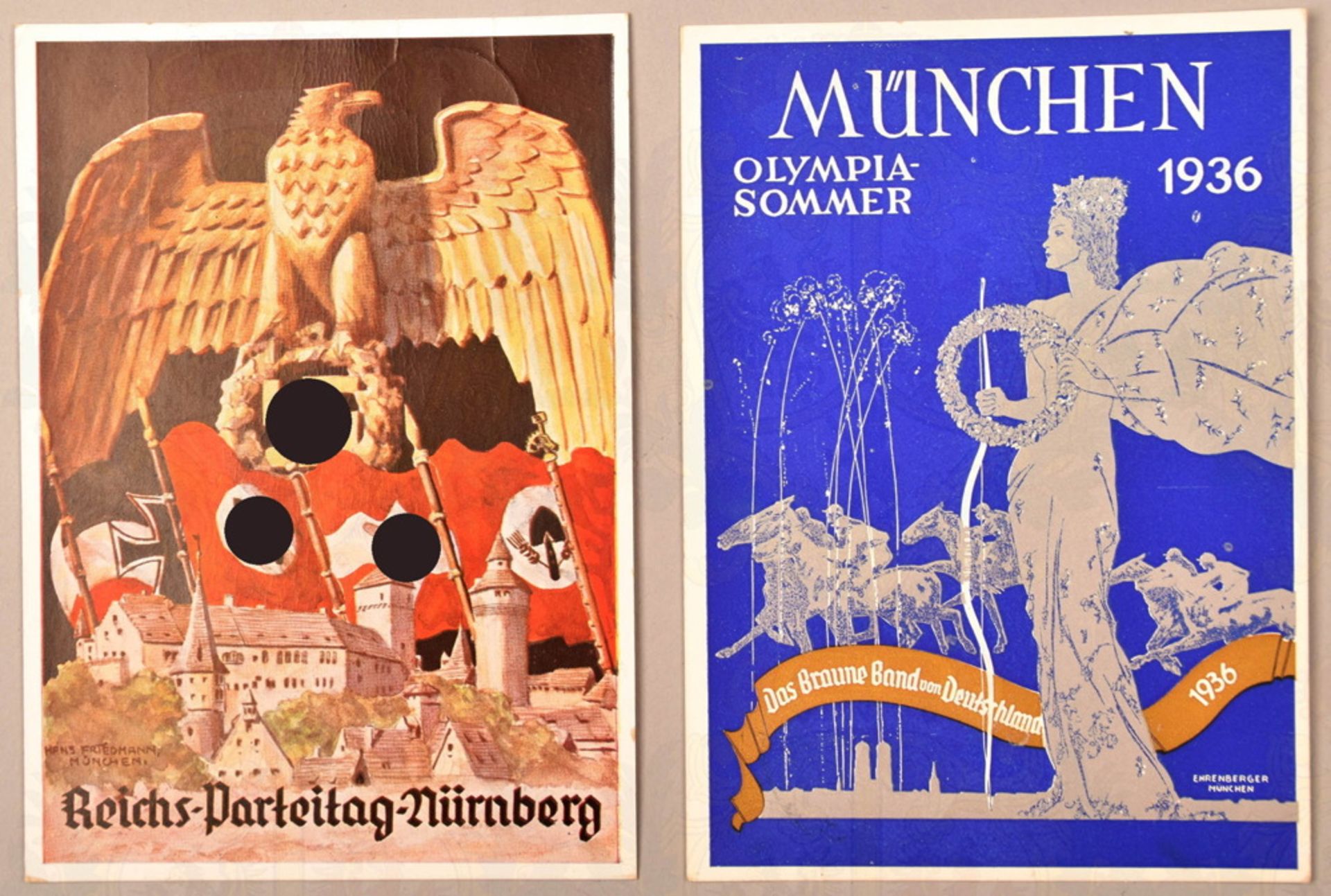 2 propaganda postcards Olympic Games 1936 and Nuremberg Rally 1935