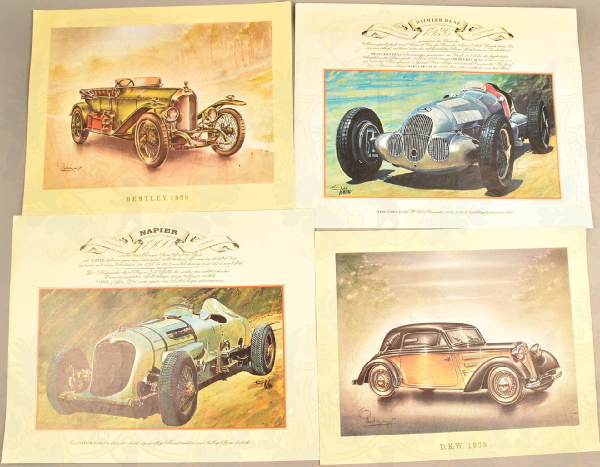 17 Kunstdrucke historische Automobile und Rennwagen