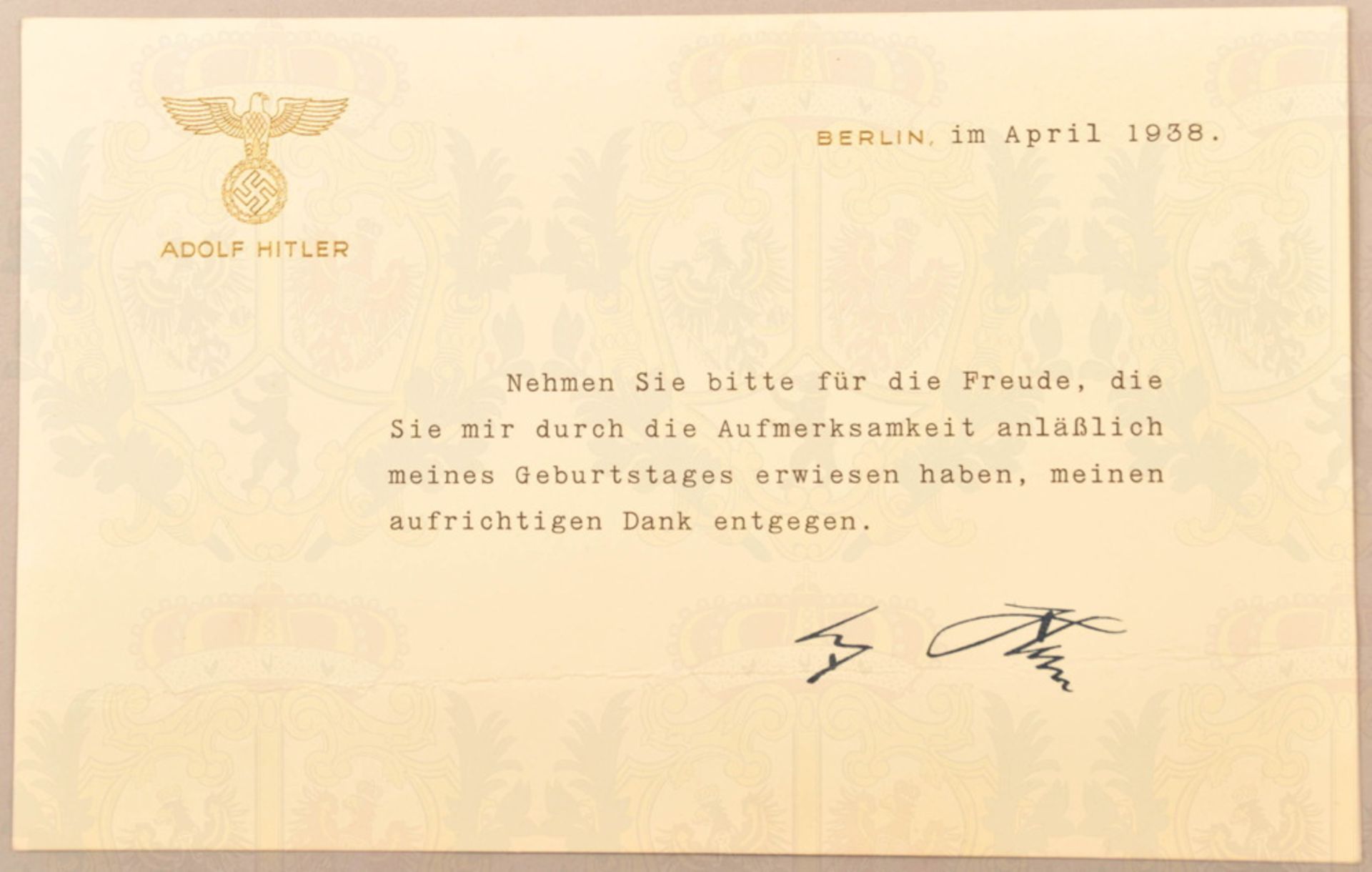 Dankeskarte Adolf Hitler 1938, aufrichtiger Dank für anläßlich des Geburtstages erwiesene - Image 2 of 2