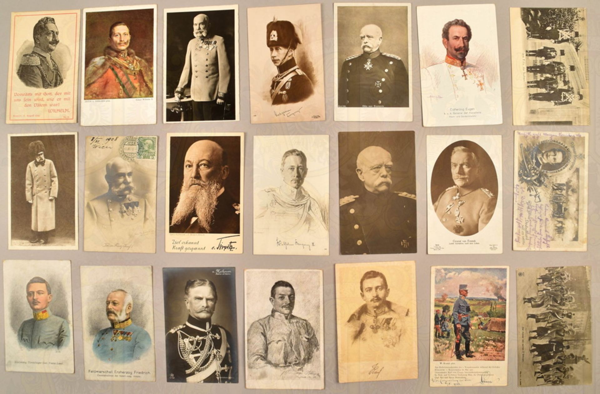 21 postcards WW I monarchs and military commanders