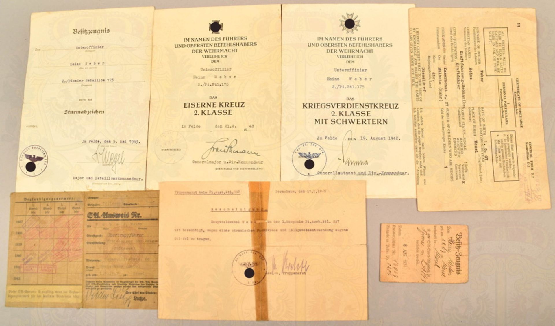 Grouping of award certificates of a Staff Sergeant 1942-1943